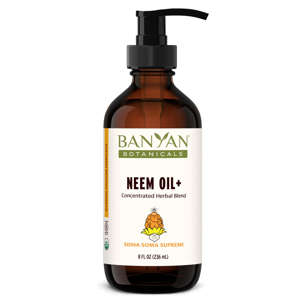 Banyan Botanicals Sidha Soma Supreme Neem Oil bottle for radiant skin support.