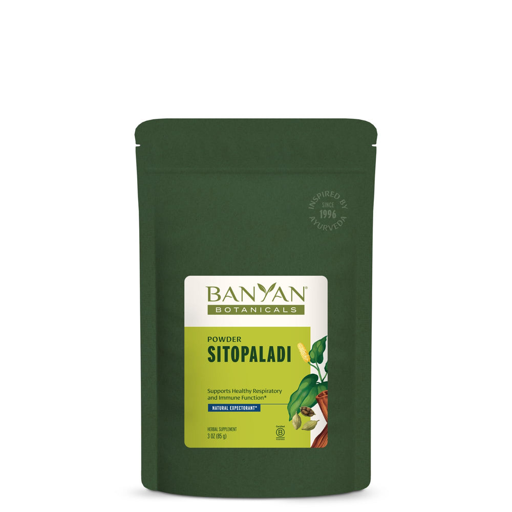 Banyan Botanicals Sitopaladi Powder front label highlights the organic blend for respiratory support.