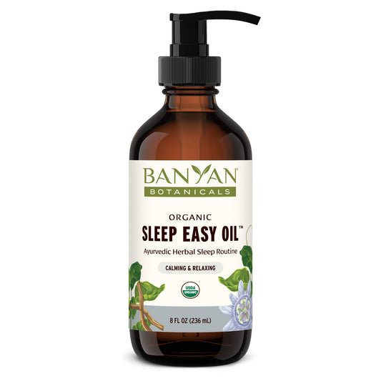 Banyan Botanicals Sleep Easy Oil bottle for calming self-massage before bed.