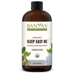 Banyan Botanicals Sleep Easy Oil bottle on a clean surface for a calming massage ritual
