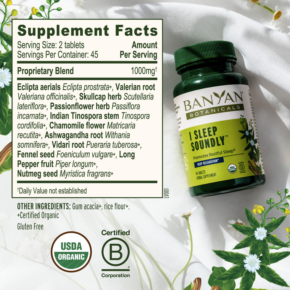 I Sleep Soundly herbal blend close-up with chamomile, ashwagandha, and valerian.