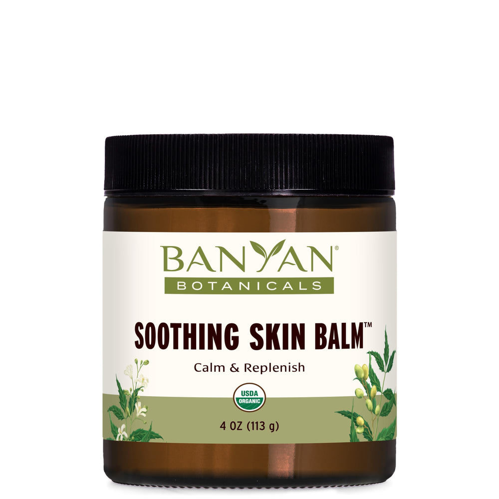 Banyan Botanicals Soothing Skin Balm jar soothes irritation and nourishes dry skin.
