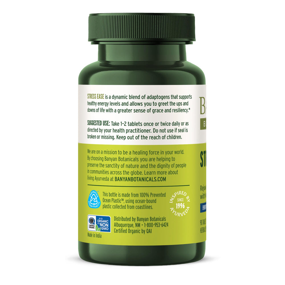 Banyan Stress Ease packaging details and sustainability label.
