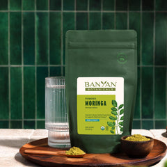 Banyan Botanicals tea steeped with moringa for calm focus.