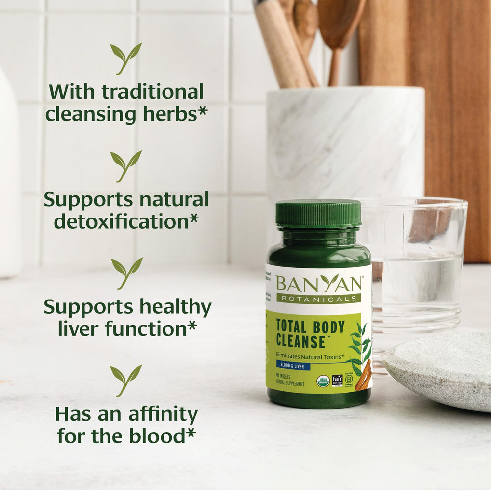 Closeup of Banyan Botanicals Total Body Cleanse tablets for daily support.