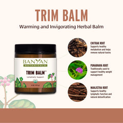 Banyan Botanicals Trim Balm jar closeup showing organic ingredients.