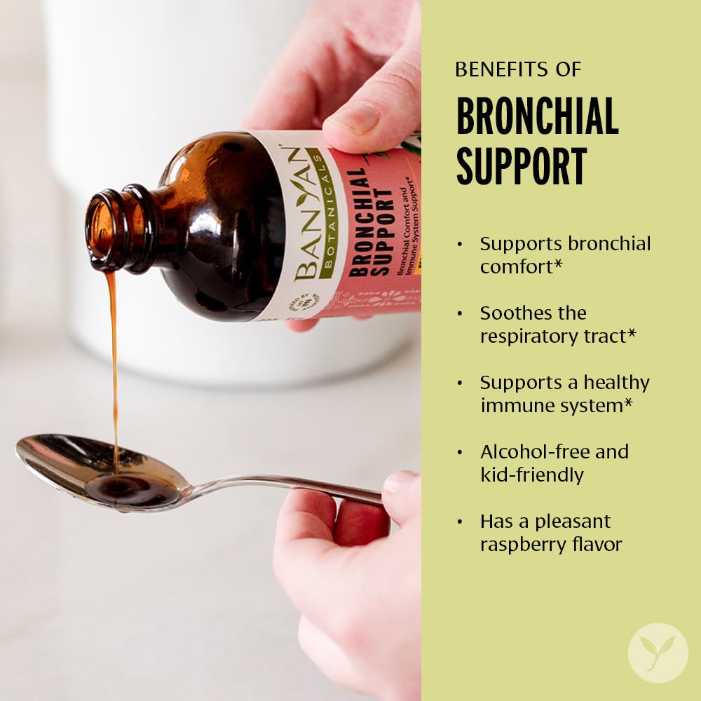 Banyan Botanicals Tulsi and Vasaka herbs inside bottle highlight traditional lung-health ingredients.