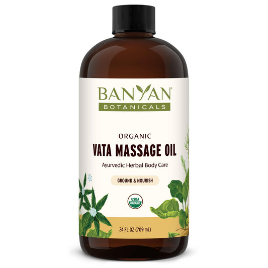 Banyan Botanicals Vata massage oil bottle ready for at home abhyanga ritual