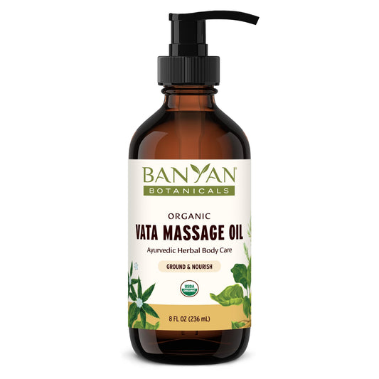 Banyan Botanicals Vata Massage Oil bottle ready for calming self-massage.