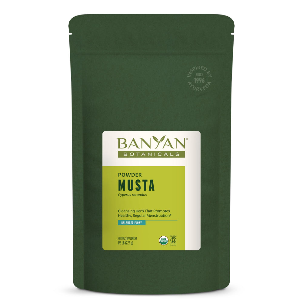 Banyan Botanicals Musta powder jar closeup showing organic cyperus rotundus for digestive support