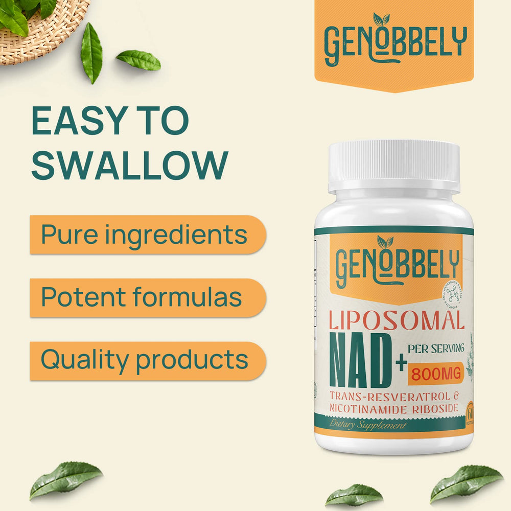 GENOBBELY bottle with label signals science-backed energy and aging support.