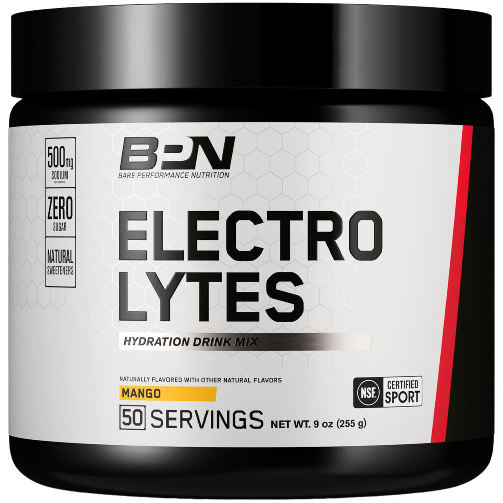 bare performance nutrition BPN Electrolytes mango bottle highlights sugar-free hydration for workouts
