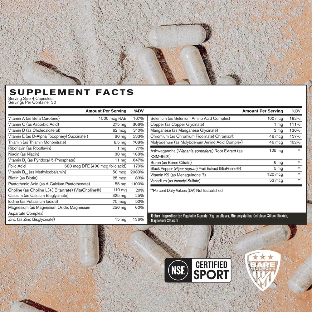BARE PERFORMANCE NUTRITION BPN Strong Multi-Vitamin tablets close-up shows texture for easy intake.