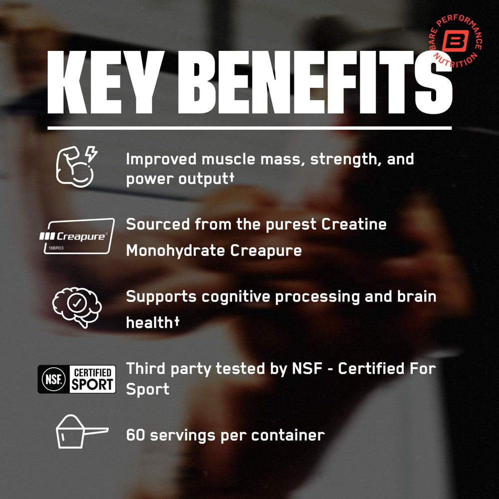 BARE PERFORMANCE NUTRITION creatine monohydrate powder measuring spoon highlights precise serving for sessions.