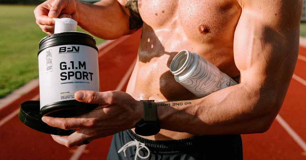 BARE PERFORMANCE NUTRITION G1.M tub and scoop image emphasizes convenient 25-serving bottle.