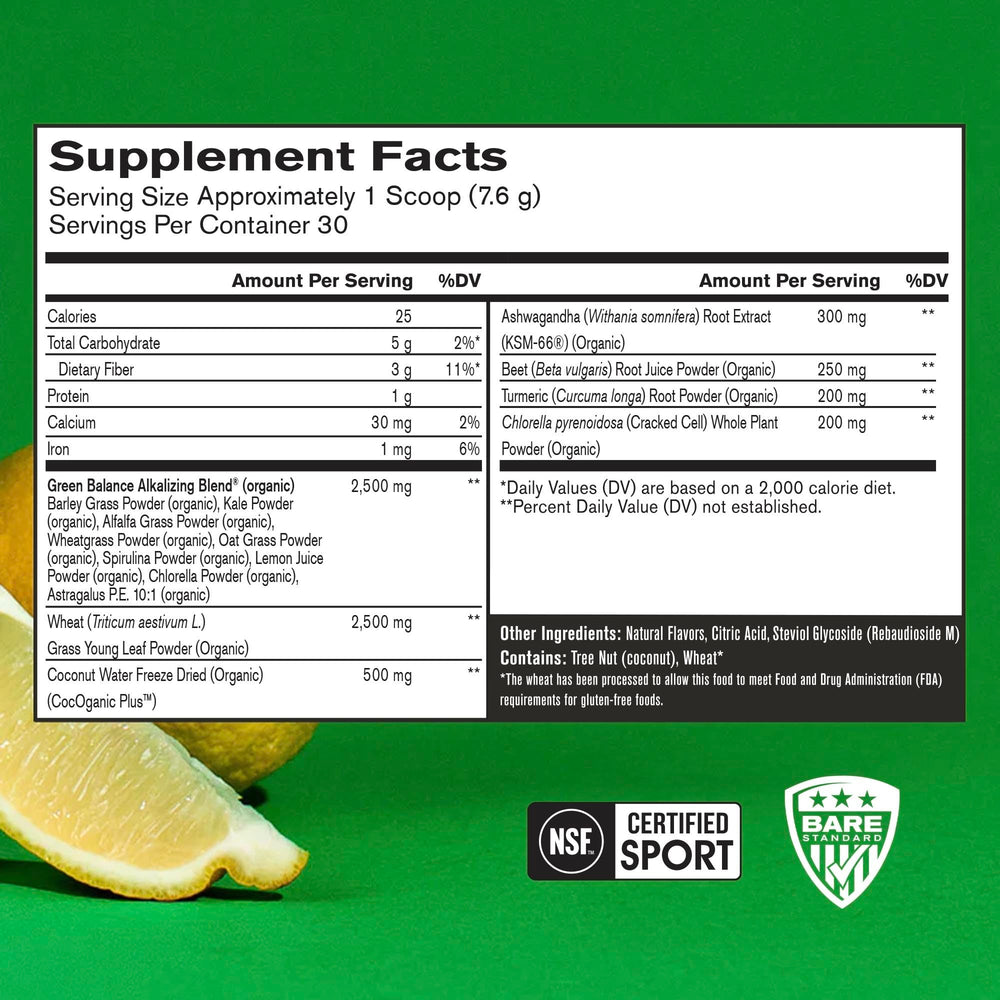 BARE PERFORMANCE NUTRITION Strong Greens Lemon powder being poured for a nutrient boost