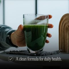 Morning routine image with glass shows 1 scoop in 8–10 oz water.