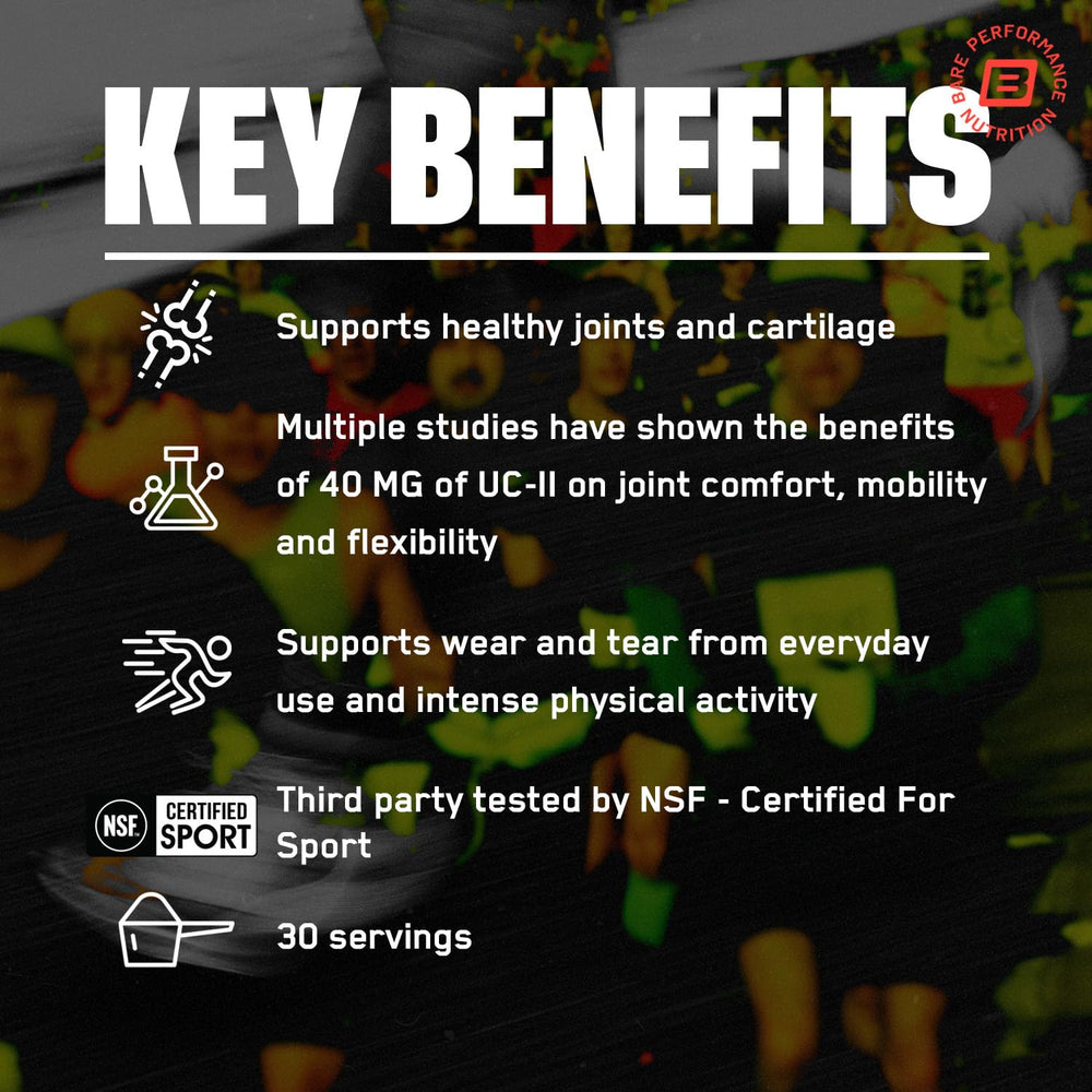 BARE PERFORMANCE NUTRITION Strong Joints label close-up highlighting UC-II and ingredients.