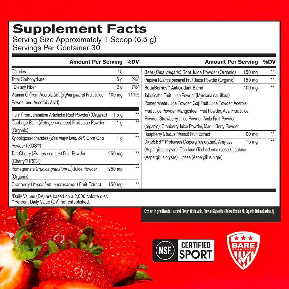 BARE PERFORMANCE NUTRITION fruit extracts bottle highlighting diverse antioxidants for daily resilience.