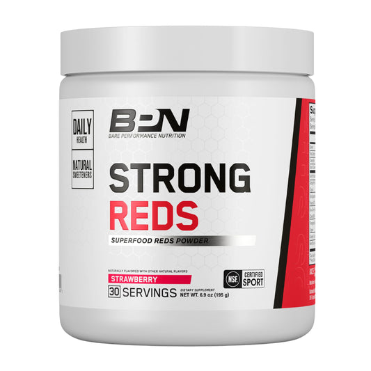 BARE PERFORMANCE NUTRITION Strong Reds powder tub with strawberry flavor for energy and antioxidant support.