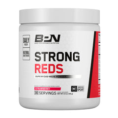 BARE PERFORMANCE NUTRITION Strong Reds powder tub with strawberry flavor for energy and antioxidant support.
