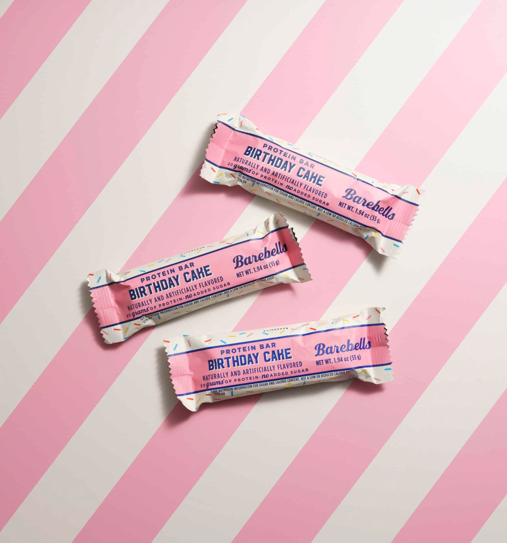 Barebells Birthday Cake bar no added sugar, mindful snacking option.