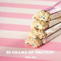 Barebells Birthday Cake bar nutrition label highlighted; high protein per bar.