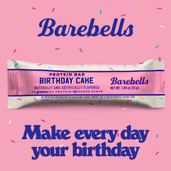 Barebells Birthday Cake bar on-the-go; suitable for desk or gym bag.