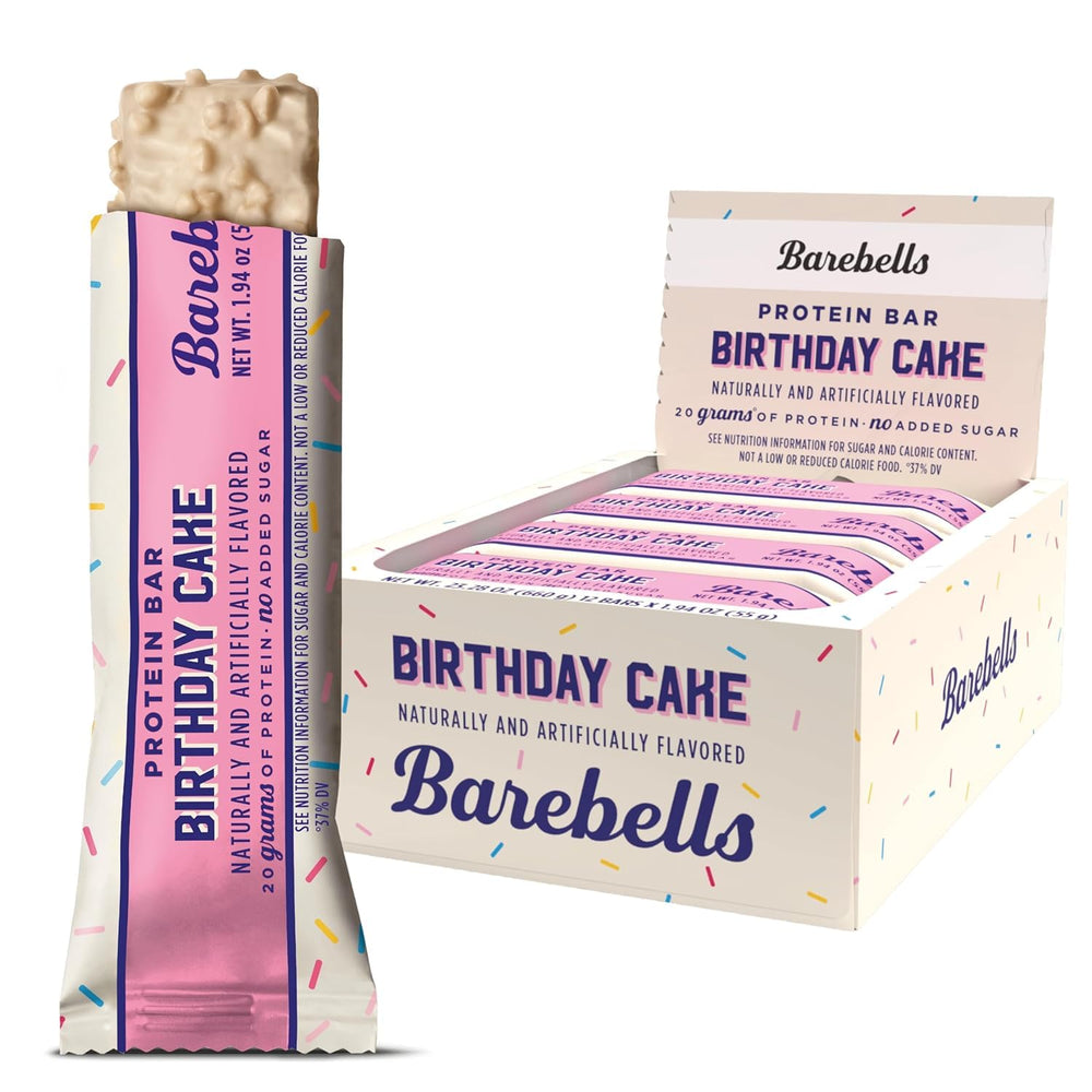 Barebells Birthday Cake bar pack on store shelf, ideal for on-the-go snacking.