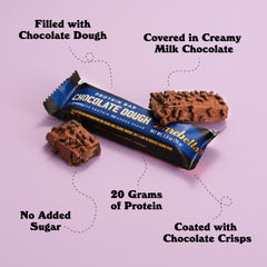 Barebells Brownie Dough bar close-up shows chocolate crisps for satisfying crunch during snack time.