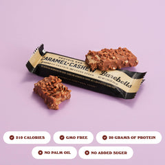 Close-up of Barebells Caramel Cashew bar, gooey chocolatey texture.