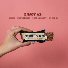 On-the-go Barebells Caramel Cashew bar, perfect post-workout snack.