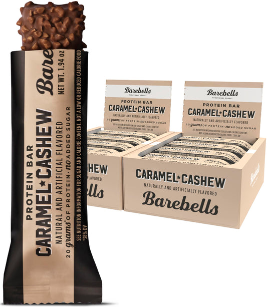 Barebells Caramel Cashew bar unwrapped, rich on-the-go protein snack.