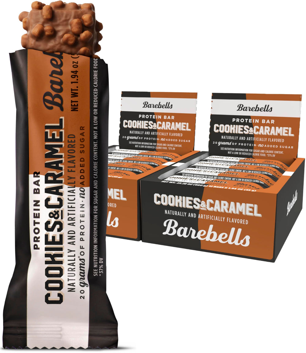 Barebells Cookies and Caramel bar package front view, on-the-go protein snack