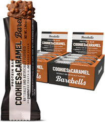 Barebells Cookies and Caramel bar package front view, on-the-go protein snack