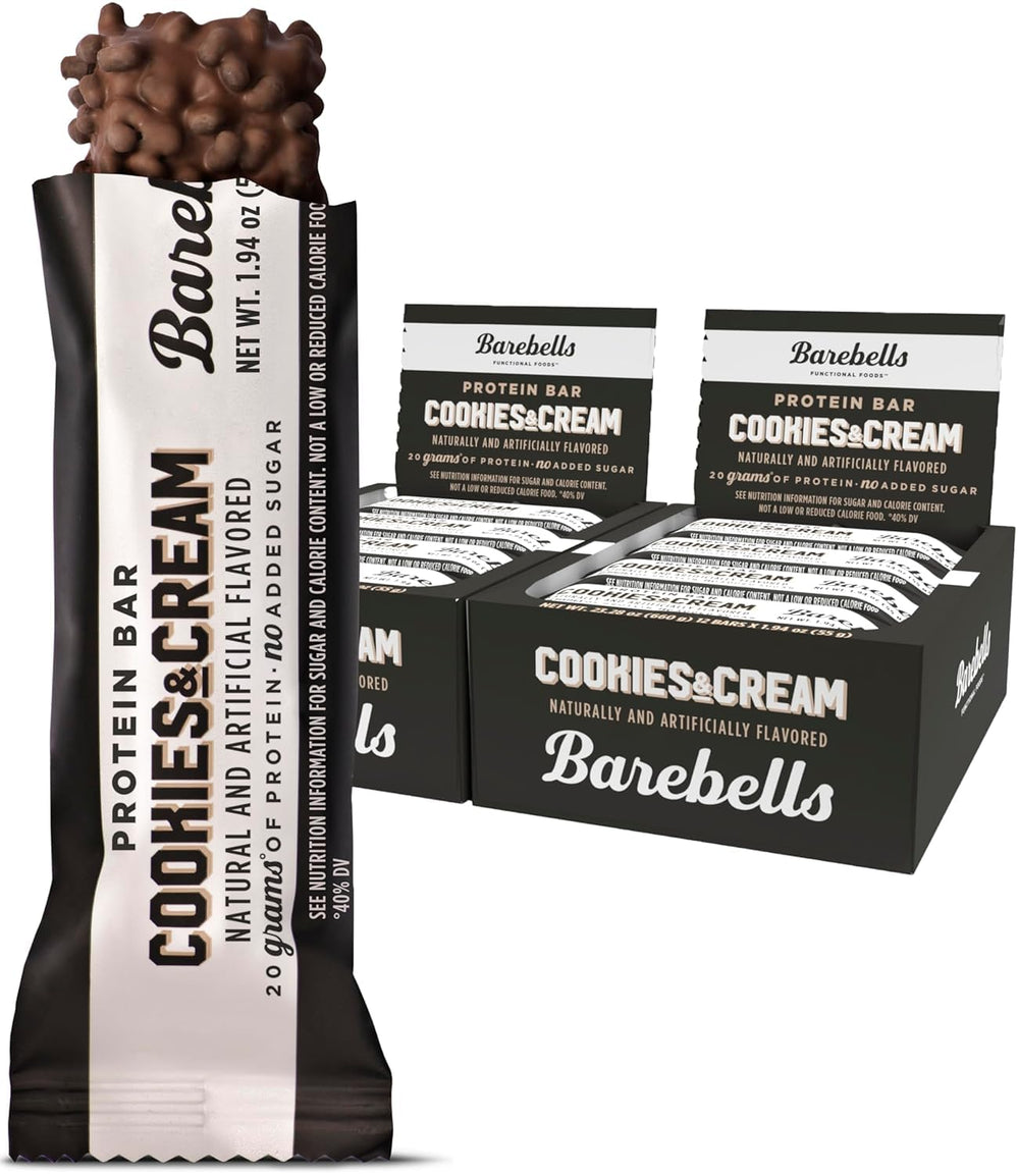 Barebells Cookies and Cream bar unwrapped, chocolate coating and high-protein snack