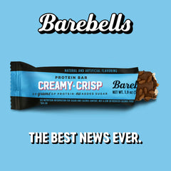 Barebells Creamy Crisp bar cross-section shows caramel core and crisp texture
