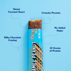 Barebells vegan bar peanut caramel ingredients close-up highlighting soy-pea-rice protein blend.