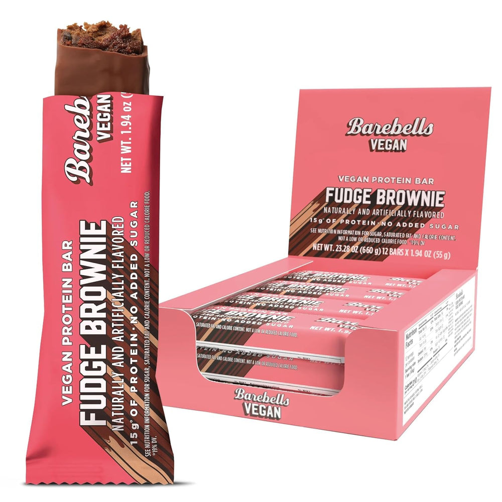 Barebells vegan protein bars fudge brownie box shot, convenient on-the-go snack with 15g protein