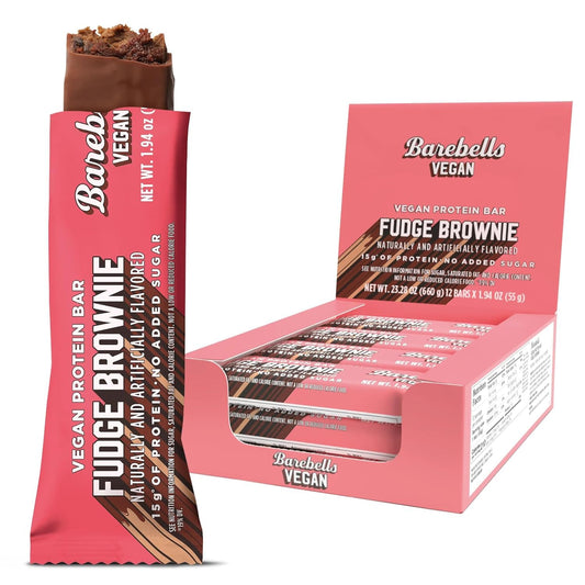 Barebells vegan protein bars fudge brownie box shot, convenient on-the-go snack with 15g protein