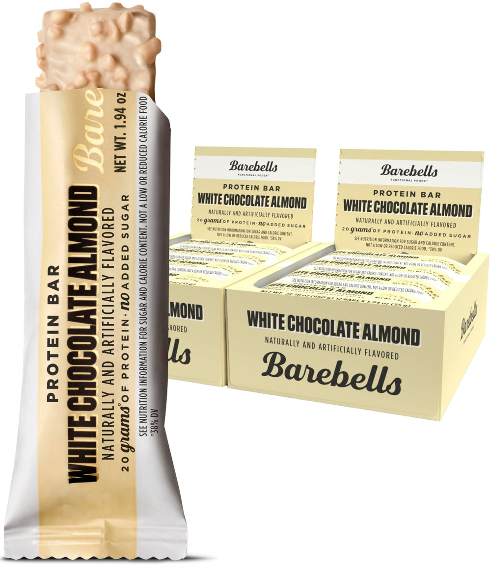 Barebells White Chocolate Almond packaging image showing 20 g protein per bar