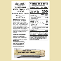 Barebells White Chocolate Almond bar unwrapped revealing creamy white chocolate almond center