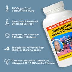 Barefoot Coral Calcium Complete origin image emphasizes reef-safe harvesting from Okinawa shores.