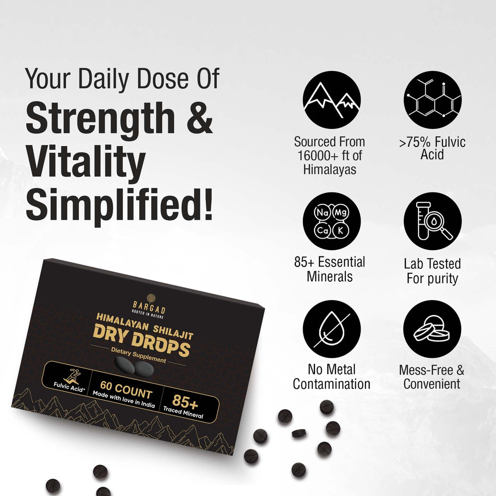 Bargad Shilajit Dry Drops close-up of resin-like drop texture.