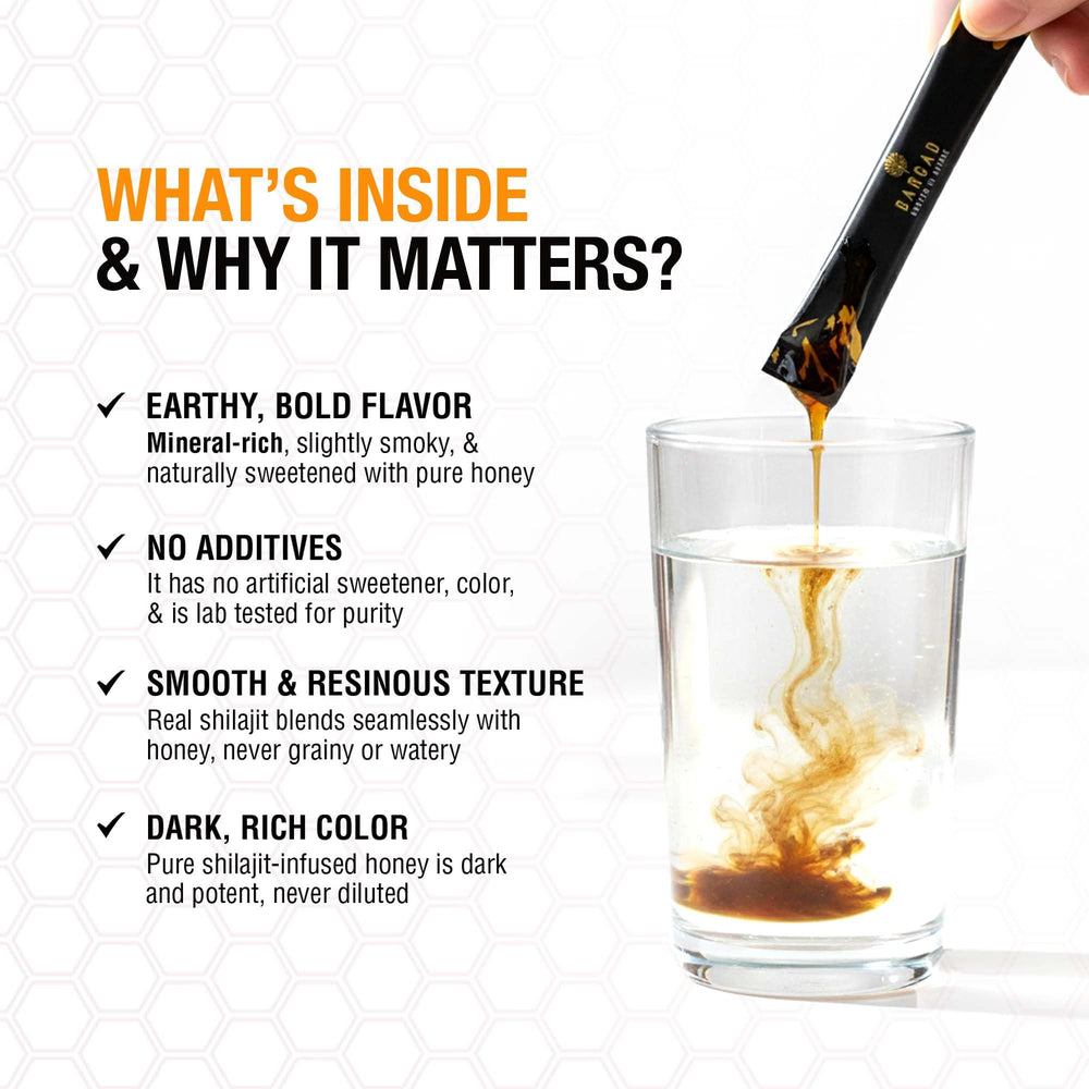 Bargad shilajit honey stick close-up shows amber honey.