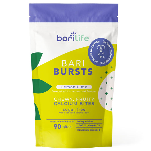 Bari Burst lemon lime bites close-up showing chewy calcium citrate with 1000 IU vitamin D3.