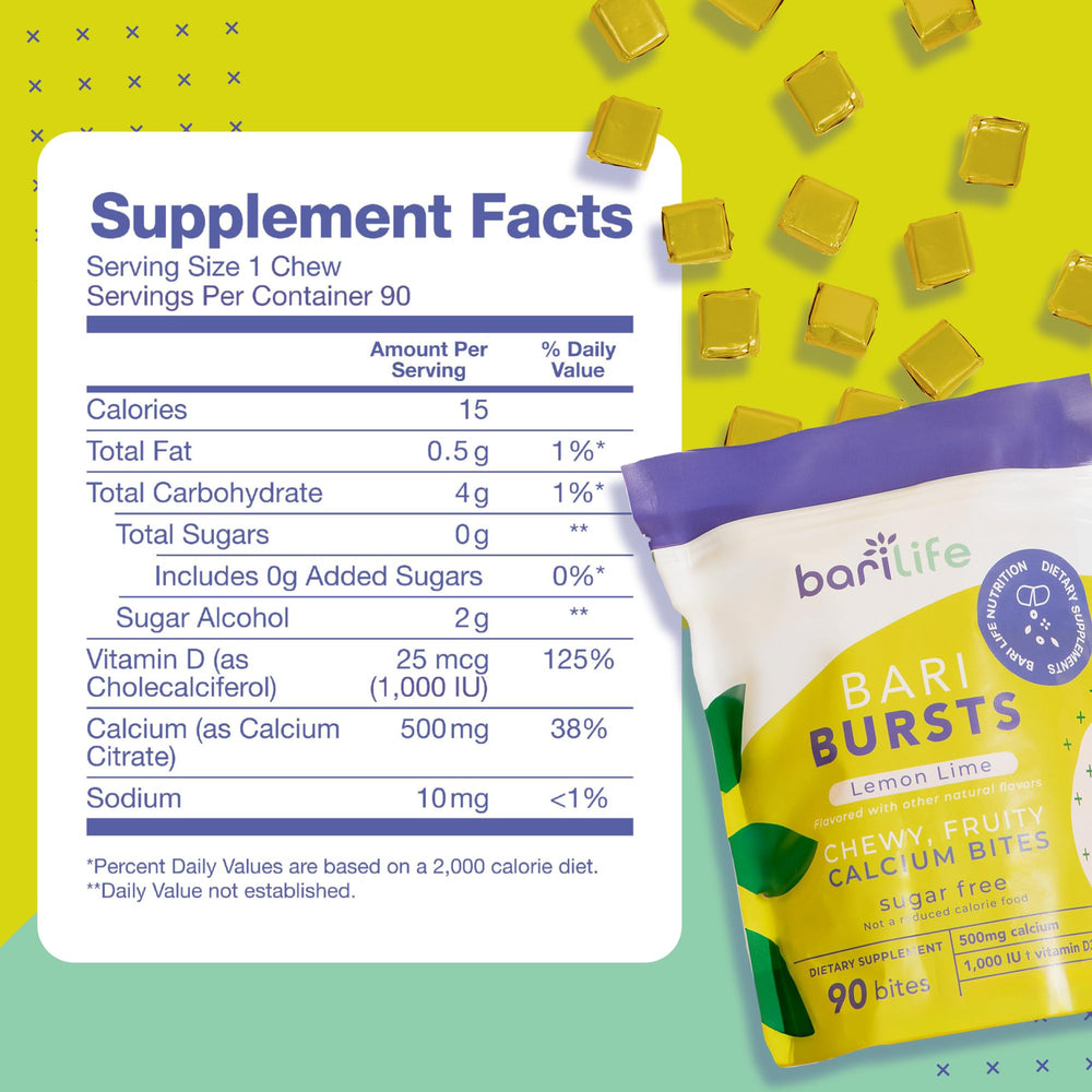 Bari Burst lemon lime label close-up highlights 500 mg calcium citrate and 1000 IU D3.