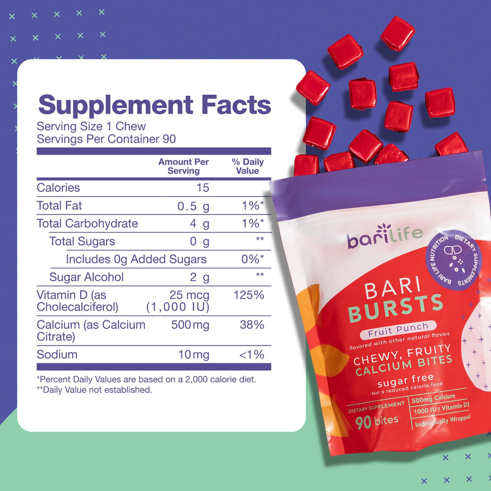 Close-up of fruit punch Bari Burst chews in packaging for grab-and-go use