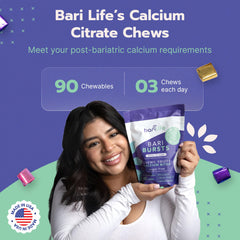 Bari Life Calcium Citrate Chews box displays 90 individually wrapped chews for portability