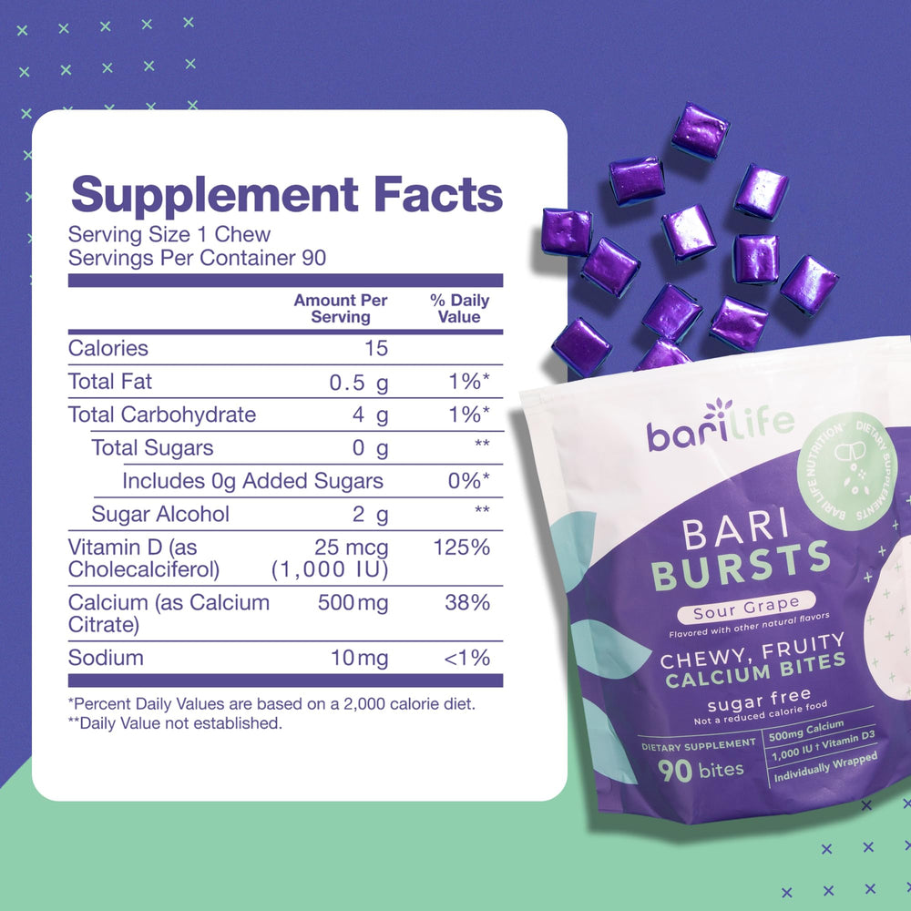 Bari Life Calcium Citrate Chews label showcases vitamin D3 and sugar-free formula